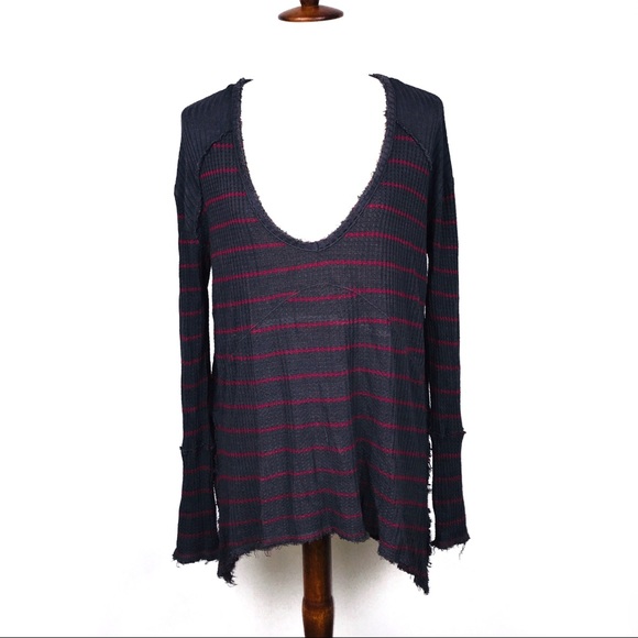 Free People Raw Hem Striped Pullover V Neck Long Sweater Size Small - Picture 2 of 8
